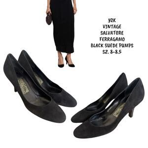 Y2K VTG. SALVATORE FERRAGAMO BLACK‎ SUEDE PUMPS HEELS SZ. 8-8.5 EUC.